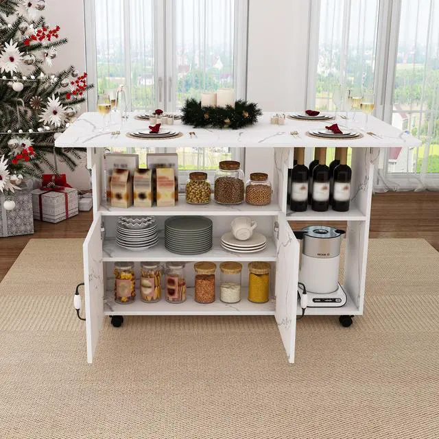 Alt view image 2 of 7 - Multi-Functional Folding Table with Storage Shelves and Wheels, 47 Inch Foldable Dining Table for Small Spaces, Compact Desk for Kitchen, Dorm, Office(White)
