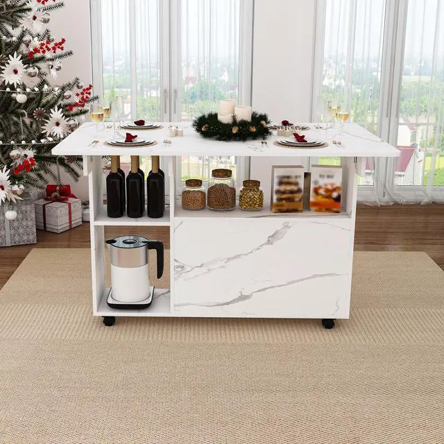 Alt view image 4 of 7 - Multi-Functional Folding Table with Storage Shelves and Wheels, 47 Inch Foldable Dining Table for Small Spaces, Compact Desk for Kitchen, Dorm, Office(White)