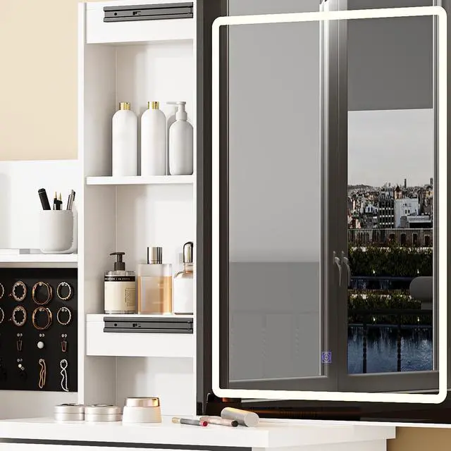 Alt view image 2 of 7 - Vanity Desk Set with Sliding Lighted Mirror, Makeup Dressing Table with 4 Drawers & 9 Storage Spaces, Hidden Compartments and Cushioned Stool, White Beauty Furniture for Bedroom