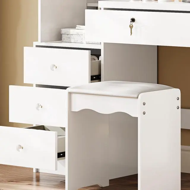 Alt view image 4 of 7 - Vanity Desk Set with Sliding Lighted Mirror, Makeup Dressing Table with 4 Drawers & 9 Storage Spaces, Hidden Compartments and Cushioned Stool, White Beauty Furniture for Bedroom