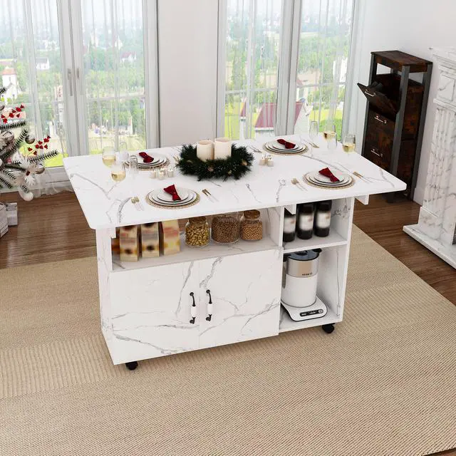 Alt view image 7 of 7 - Multi-Functional Folding Table with Storage Shelves and Wheels, 47 Inch Foldable Dining Table for Small Spaces, Compact Desk for Kitchen, Dorm, Office(White)