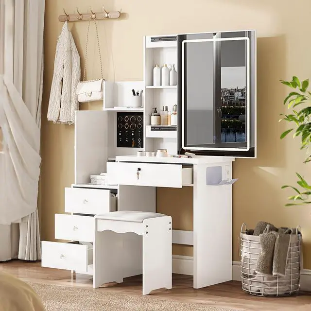 Alt view image 7 of 7 - Vanity Desk Set with Sliding Lighted Mirror, Makeup Dressing Table with 4 Drawers & 9 Storage Spaces, Hidden Compartments and Cushioned Stool, White Beauty Furniture for Bedroom