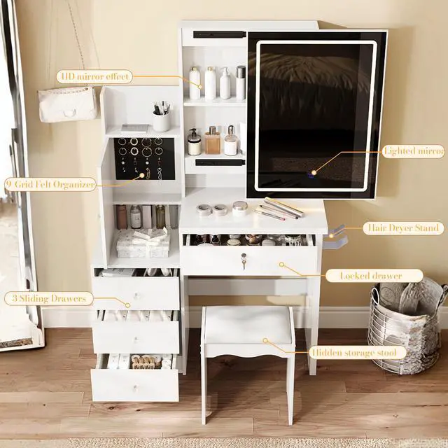 Alt view image 6 of 7 - Vanity Desk Set with Sliding Lighted Mirror, Makeup Dressing Table with 4 Drawers & 9 Storage Spaces, Hidden Compartments and Cushioned Stool, White Beauty Furniture for Bedroom