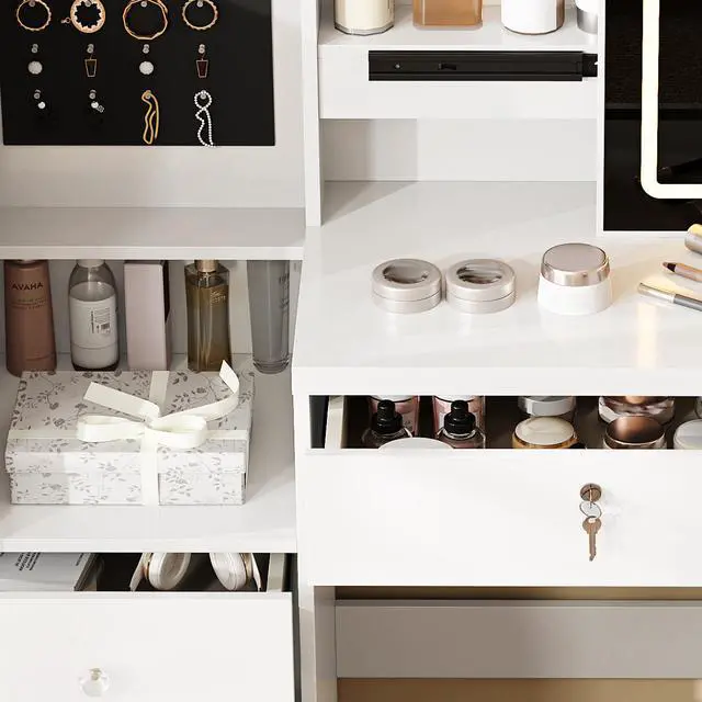 Alt view image 3 of 7 - Vanity Desk Set with Sliding Lighted Mirror, Makeup Dressing Table with 4 Drawers & 9 Storage Spaces, Hidden Compartments and Cushioned Stool, White Beauty Furniture for Bedroom