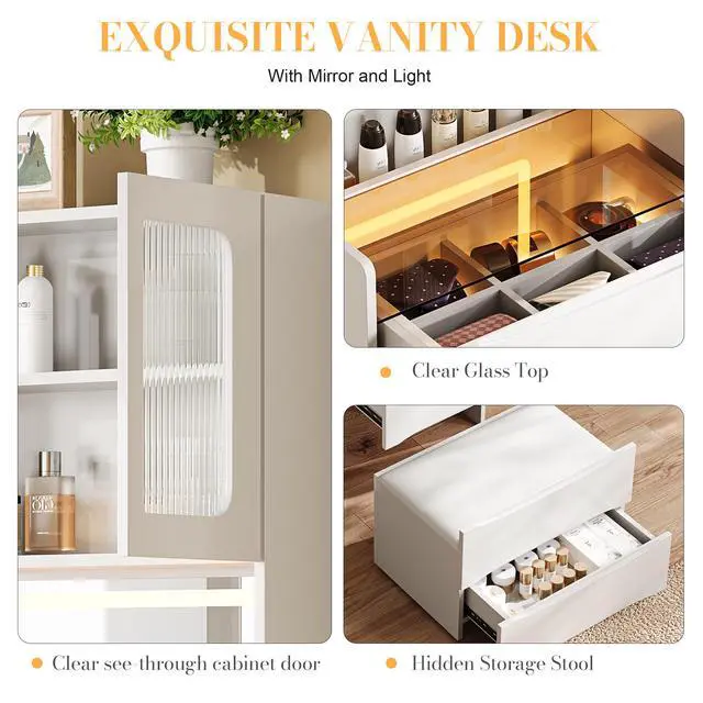 Alt view image 6 of 7 - 3-in-1 Vanity Table with LED Mirror & Storage Stool, Flip Top Makeup Dressing Table with Adjustable Lights, 5 Storage Spaces Cosmetic Organizer for Bedroom