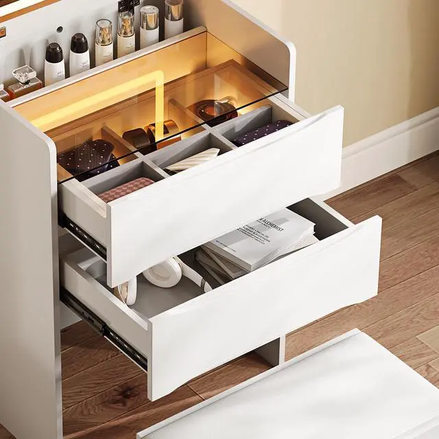 Alt view image 3 of 7 - 3-in-1 Vanity Table with LED Mirror & Storage Stool, Flip Top Makeup Dressing Table with Adjustable Lights, 5 Storage Spaces Cosmetic Organizer for Bedroom