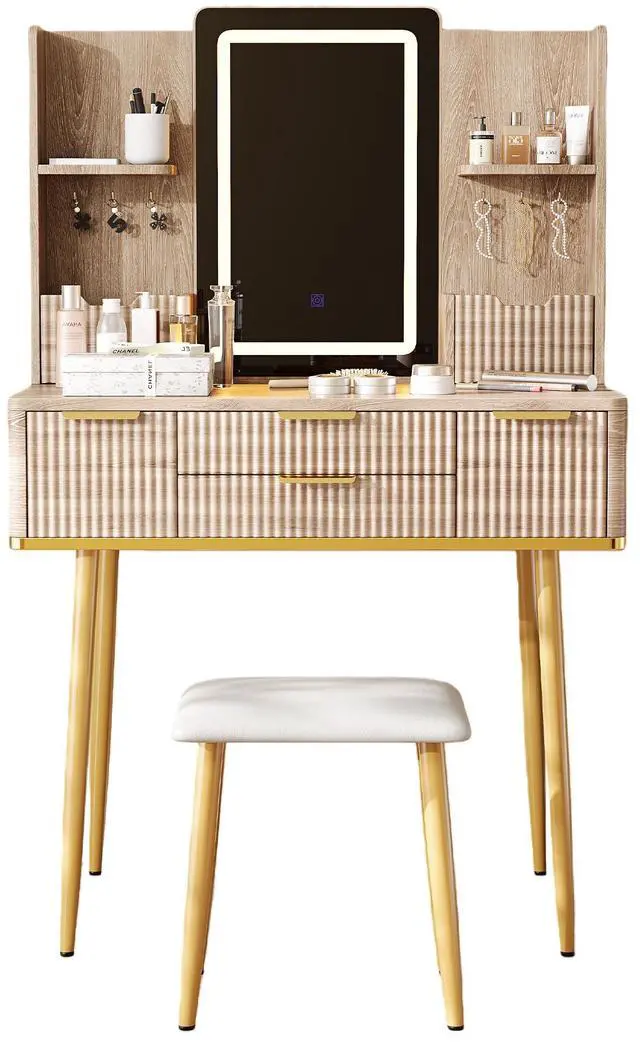 Alt view image 3 of 7 - 4-Drawer Vanity Desk with LED Mirror & Carved Details, Fluted Makeup Table with Metal Legs and PU Stool, Carved Dressing Table with Jewelry Storage for Bedroom