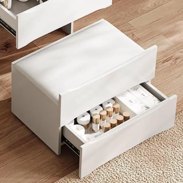 Alt view image 4 of 7 - 3-in-1 Vanity Table with LED Mirror & Storage Stool, Flip Top Makeup Dressing Table with Adjustable Lights, 5 Storage Spaces Cosmetic Organizer for Bedroom