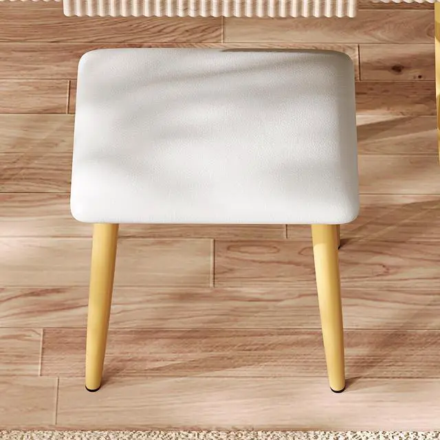Alt view image 4 of 7 - 4-Drawer Vanity Desk with LED Mirror & Carved Details, Fluted Makeup Table with Metal Legs and PU Stool, Carved Dressing Table with Jewelry Storage for Bedroom