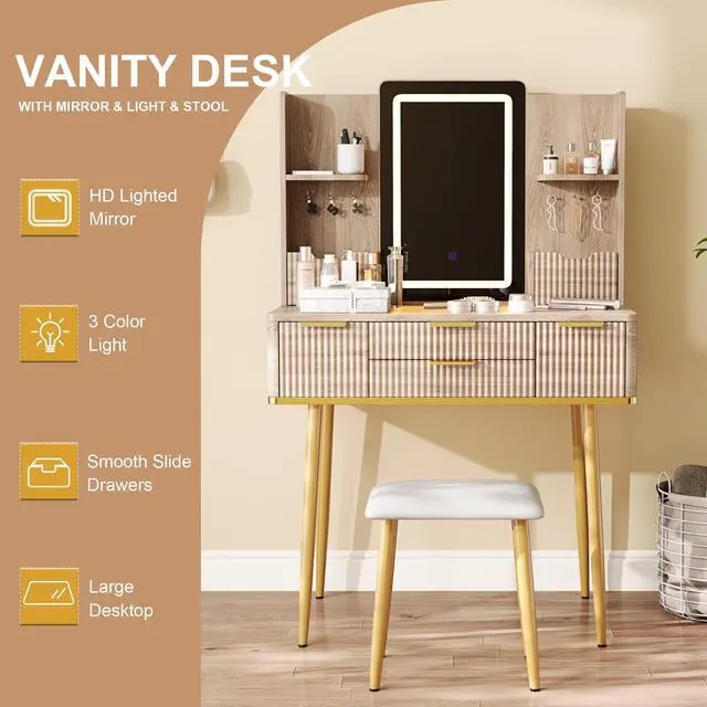 Alt view image 7 of 7 - 4-Drawer Vanity Desk with LED Mirror & Carved Details, Fluted Makeup Table with Metal Legs and PU Stool, Carved Dressing Table with Jewelry Storage for Bedroom