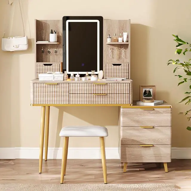 Main image of 7-Drawer Vanity Desk with LED Mirror & Carved Details, Fluted Makeup Table with Metal Legs and PU Stool, Carved Dressing Table with Jewelry Storage for Bedroom