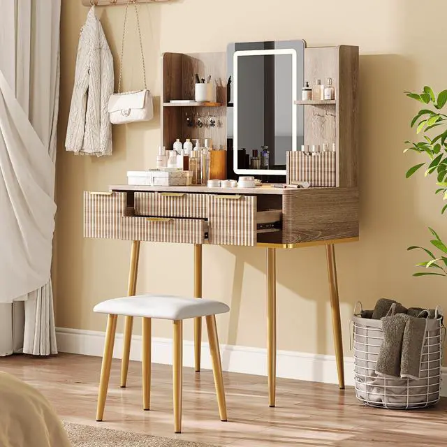 Alt view image 6 of 7 - 4-Drawer Vanity Desk with LED Mirror & Carved Details, Fluted Makeup Table with Metal Legs and PU Stool, Carved Dressing Table with Jewelry Storage for Bedroom