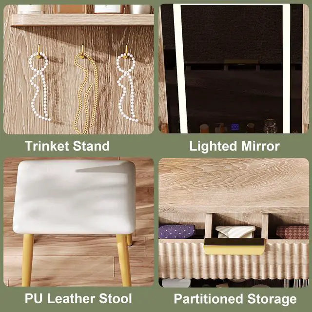 Alt view image 5 of 7 - 7-Drawer Vanity Desk with LED Mirror & Carved Details, Fluted Makeup Table with Metal Legs and PU Stool, Carved Dressing Table with Jewelry Storage for Bedroom