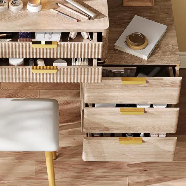 Alt view image 3 of 7 - 7-Drawer Vanity Desk with LED Mirror & Carved Details, Fluted Makeup Table with Metal Legs and PU Stool, Carved Dressing Table with Jewelry Storage for Bedroom