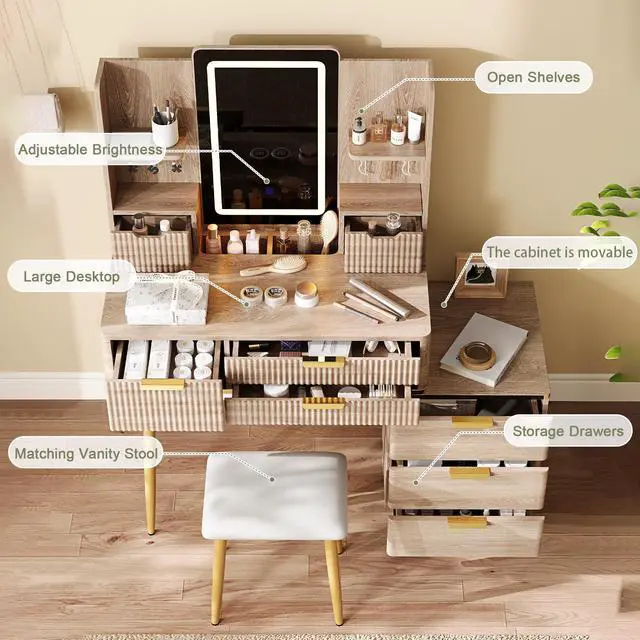 Alt view image 6 of 7 - 7-Drawer Vanity Desk with LED Mirror & Carved Details, Fluted Makeup Table with Metal Legs and PU Stool, Carved Dressing Table with Jewelry Storage for Bedroom