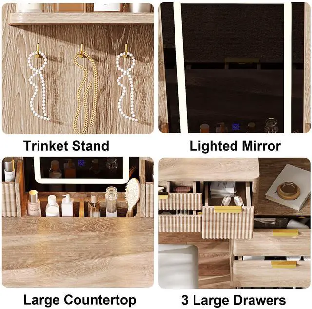 Alt view image 5 of 7 - 4-Drawer Vanity Desk with LED Mirror & Carved Details, Fluted Makeup Table with Metal Legs and PU Stool, Carved Dressing Table with Jewelry Storage for Bedroom