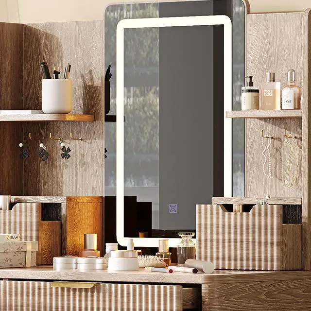 Alt view image 4 of 7 - 7-Drawer Vanity Desk with LED Mirror & Carved Details, Fluted Makeup Table with Metal Legs and PU Stool, Carved Dressing Table with Jewelry Storage for Bedroom
