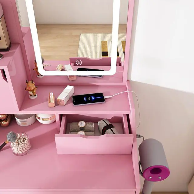Alt view image 2 of 7 - 3-Color LED Vanity Mirror with Stool, Pink Dressing Table for Bedroom, 2 Drawers & 5 Storage Cabinets (4 Open + 1 Hidden), Adjustable Lighting (Pink)