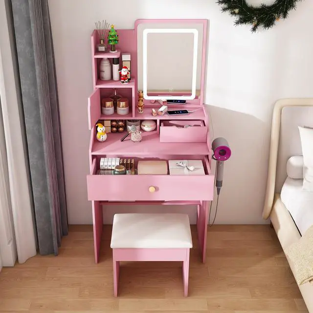 Main image of 3-Color LED Vanity Mirror with Stool, Pink Dressing Table for Bedroom, 2 Drawers & 5 Storage Cabinets (4 Open + 1 Hidden), Adjustable Lighting (Pink)