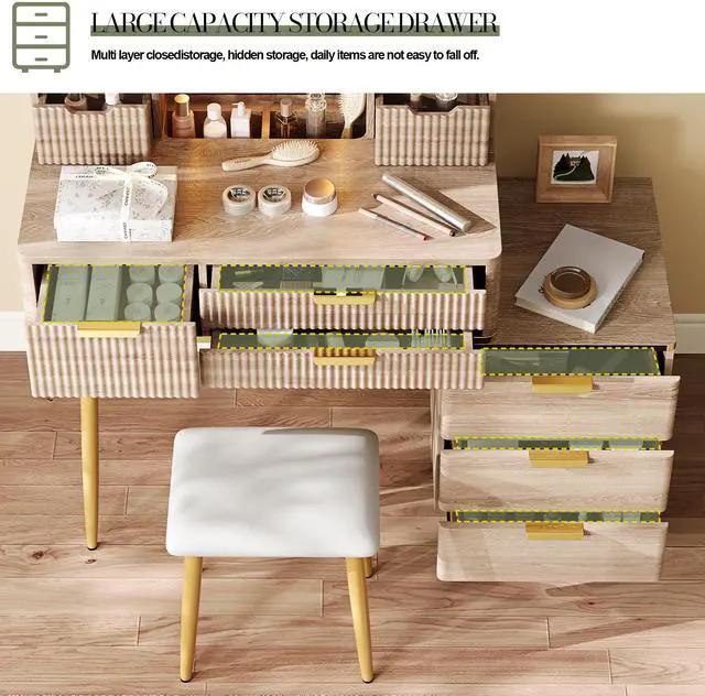 Alt view image 7 of 7 - 7-Drawer Vanity Desk with LED Mirror & Carved Details, Fluted Makeup Table with Metal Legs and PU Stool, Carved Dressing Table with Jewelry Storage for Bedroom