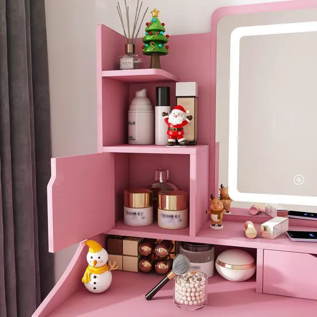 Alt view image 3 of 7 - 3-Color LED Vanity Mirror with Stool, Pink Dressing Table for Bedroom, 2 Drawers & 5 Storage Cabinets (4 Open + 1 Hidden), Adjustable Lighting (Pink)