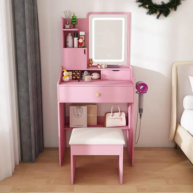 Alt view image 6 of 7 - 3-Color LED Vanity Mirror with Stool, Pink Dressing Table for Bedroom, 2 Drawers & 5 Storage Cabinets (4 Open + 1 Hidden), Adjustable Lighting (Pink)