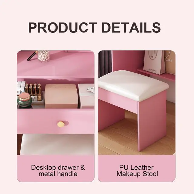 Alt view image 4 of 7 - 3-Color LED Vanity Mirror with Stool, Pink Dressing Table for Bedroom, 2 Drawers & 5 Storage Cabinets (4 Open + 1 Hidden), Adjustable Lighting (Pink)
