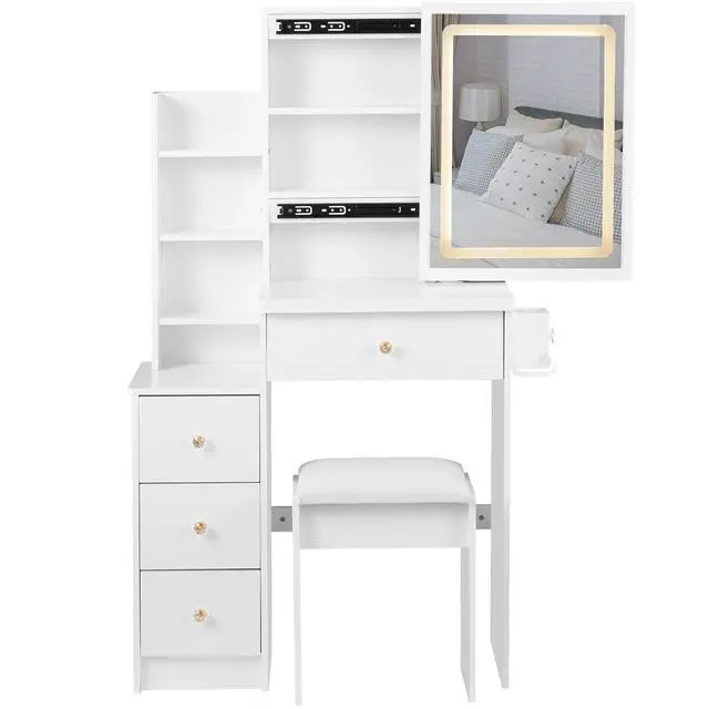 Main image of 29.2" Small Size Left Bedside Cabinet Vanity Table + Cushioned Stool, 2 AC+2 USB Power Station, Hair dryer bracket, Extra Large Touch Control Sliding LED Mirror, Tri-color Switching, Brightness Adjust