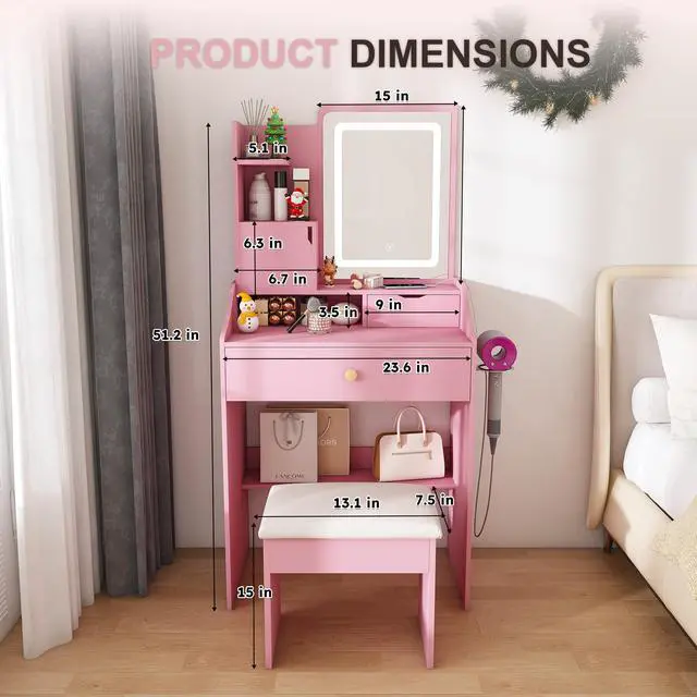 Alt view image 7 of 7 - 3-Color LED Vanity Mirror with Stool, Pink Dressing Table for Bedroom, 2 Drawers & 5 Storage Cabinets (4 Open + 1 Hidden), Adjustable Lighting (Pink)