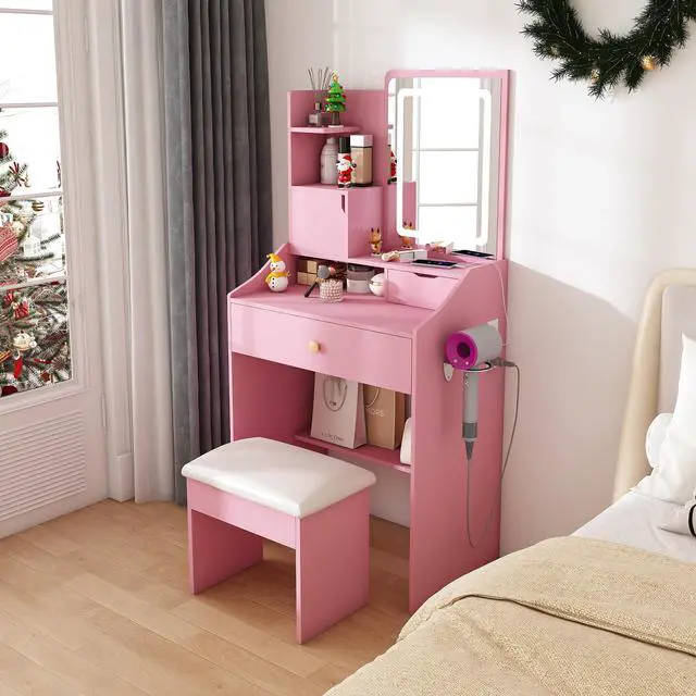 Alt view image 5 of 7 - 3-Color LED Vanity Mirror with Stool, Pink Dressing Table for Bedroom, 2 Drawers & 5 Storage Cabinets (4 Open + 1 Hidden), Adjustable Lighting (Pink)
