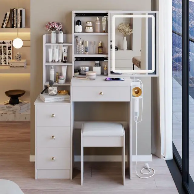 Alt view image 2 of 7 - 29.2" Small Size Left Bedside Cabinet Vanity Table + Cushioned Stool, 2 AC+2 USB Power Station, Hair dryer bracket, Extra Large Touch Control Sliding LED Mirror, Tri-color Switching, Brightness Adjust
