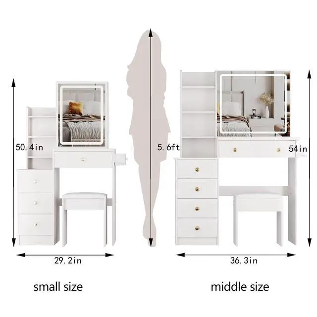 Alt view image 4 of 7 - 29.2" Small Size Left Bedside Cabinet Vanity Table + Cushioned Stool, 2 AC+2 USB Power Station, Hair dryer bracket, Extra Large Touch Control Sliding LED Mirror, Tri-color Switching, Brightness Adjust