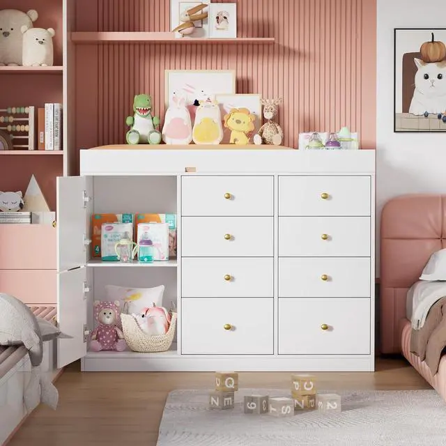 Main image of Baby Classic Nursery Dresser with 8 Drawers and 2 Cabinet, Multi-Functional Baby Changing Table, Diaper Changing Station for Children's Room