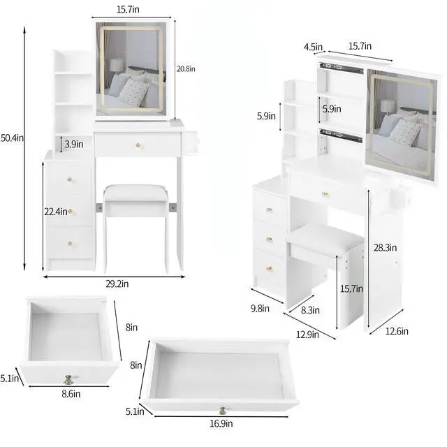 Alt view image 3 of 7 - 29.2" Small Size Left Bedside Cabinet Vanity Table + Cushioned Stool, 2 AC+2 USB Power Station, Hair dryer bracket, Extra Large Touch Control Sliding LED Mirror, Tri-color Switching, Brightness Adjust