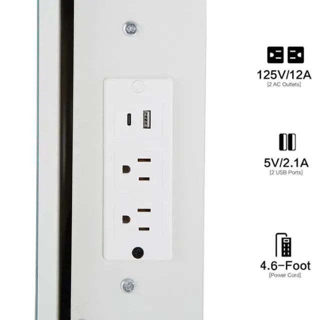 Alt view image 5 of 7 - 29.2" Small Size Left Bedside Cabinet Vanity Table + Cushioned Stool, 2 AC+2 USB Power Station, Hair dryer bracket, Extra Large Touch Control Sliding LED Mirror, Tri-color Switching, Brightness Adjust