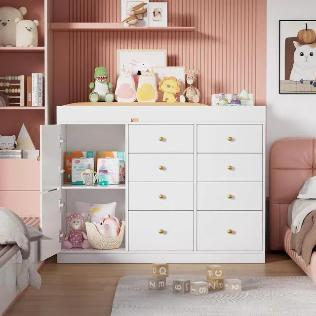 Alt view image 5 of 6 - Baby Classic Nursery Dresser with 8 Drawers and 2 Cabinet, Multi-Functional Baby Changing Table, Diaper Changing Station for Children's Room