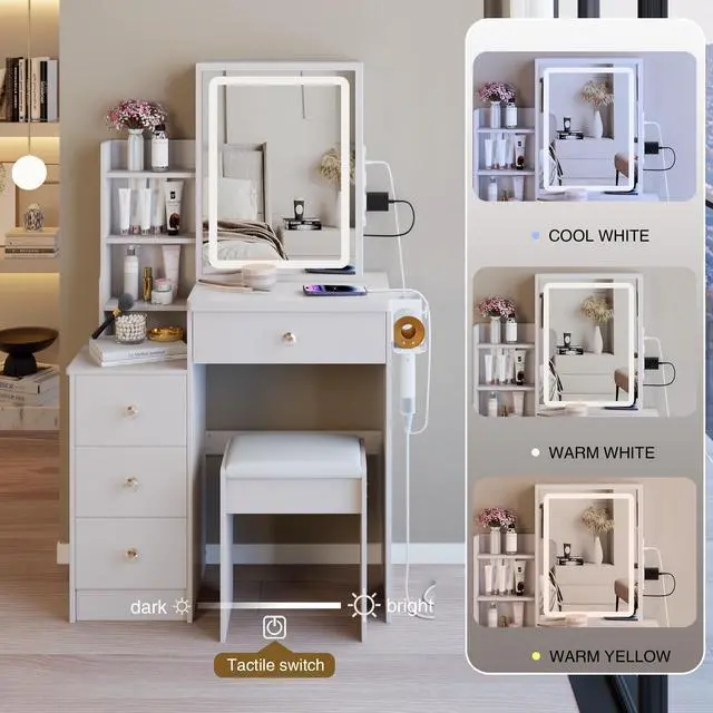 Alt view image 6 of 7 - 29.2" Small Size Left Bedside Cabinet Vanity Table + Cushioned Stool, 2 AC+2 USB Power Station, Hair dryer bracket, Extra Large Touch Control Sliding LED Mirror, Tri-color Switching, Brightness Adjust