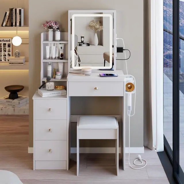 Alt view image 7 of 7 - 29.2" Small Size Left Bedside Cabinet Vanity Table + Cushioned Stool, 2 AC+2 USB Power Station, Hair dryer bracket, Extra Large Touch Control Sliding LED Mirror, Tri-color Switching, Brightness Adjust