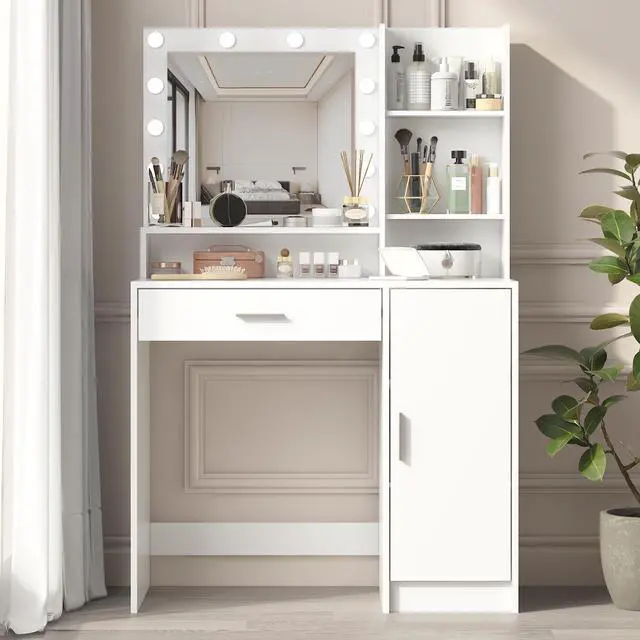 Main image of Vanity Desk with Mirror & Light, Large Drawer Three Level Storage Dresser, 3 Lighting Modes Adjustable Brightness, Bedroom Dressing Table(white)