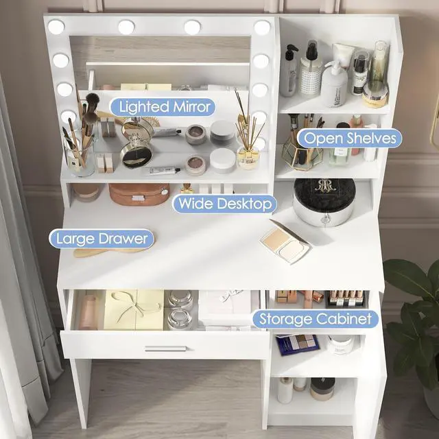 Alt view image 2 of 6 - Vanity Desk with Mirror & Light, Large Drawer Three Level Storage Dresser, 3 Lighting Modes Adjustable Brightness, Bedroom Dressing Table(white)