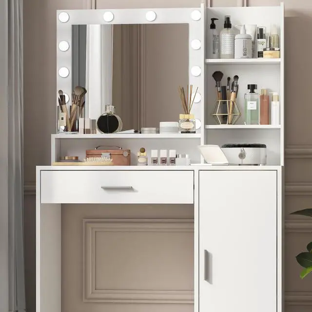 Alt view image 4 of 6 - Vanity Desk with Mirror & Light, Large Drawer Three Level Storage Dresser, 3 Lighting Modes Adjustable Brightness, Bedroom Dressing Table(white)