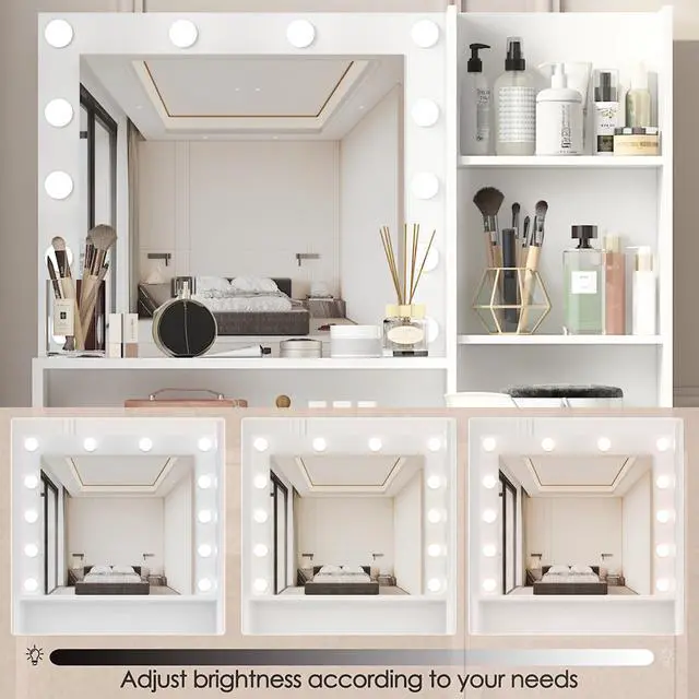 Alt view image 6 of 6 - Vanity Desk with Mirror & Light, Large Drawer Three Level Storage Dresser, 3 Lighting Modes Adjustable Brightness, Bedroom Dressing Table(white)