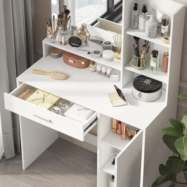 Alt view image 3 of 6 - Vanity Desk with Mirror & Light, Large Drawer Three Level Storage Dresser, 3 Lighting Modes Adjustable Brightness, Bedroom Dressing Table(white)