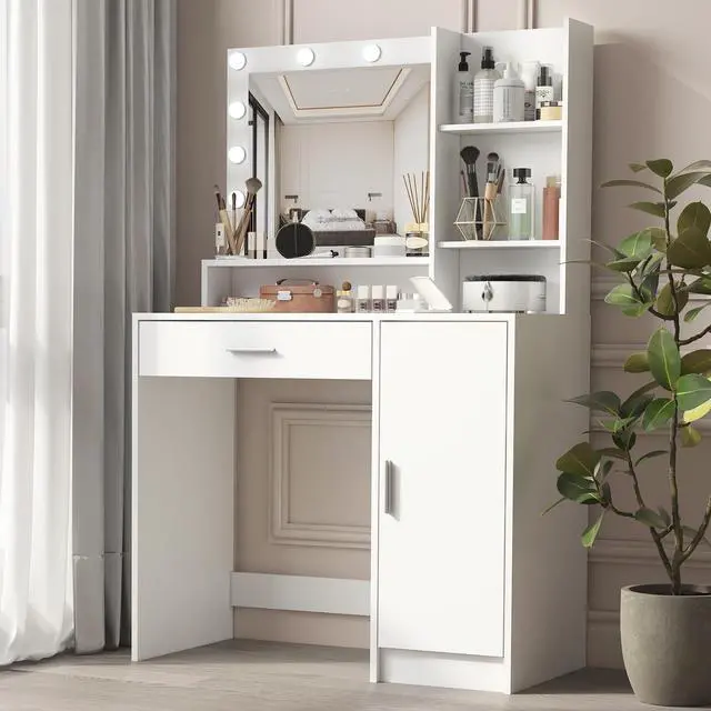 Alt view image 5 of 6 - Vanity Desk with Mirror & Light, Large Drawer Three Level Storage Dresser, 3 Lighting Modes Adjustable Brightness, Bedroom Dressing Table(white)