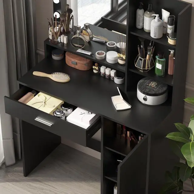 Alt view image 3 of 7 - Vanity Desk with Mirror & Light, Large Drawer Three Level Storage Dresser, 3 Lighting Modes Adjustable Brightness, Bedroom Dressing Table(black)