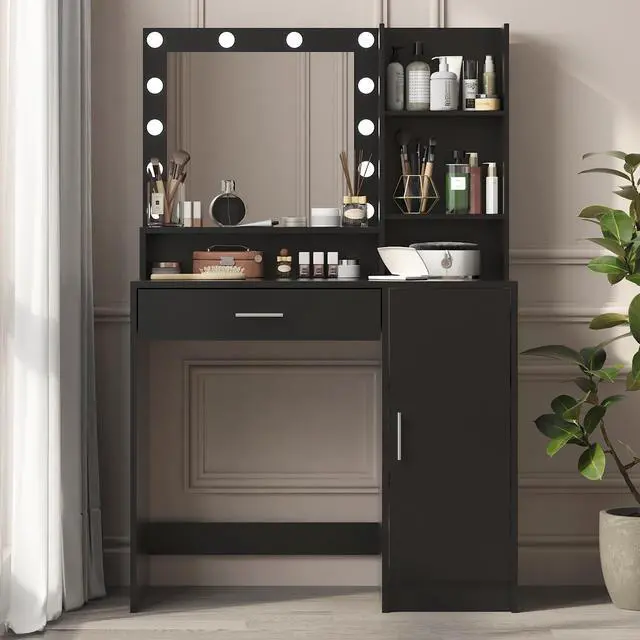 Alt view image 2 of 7 - Vanity Desk with Mirror & Light, Large Drawer Three Level Storage Dresser, 3 Lighting Modes Adjustable Brightness, Bedroom Dressing Table(black)