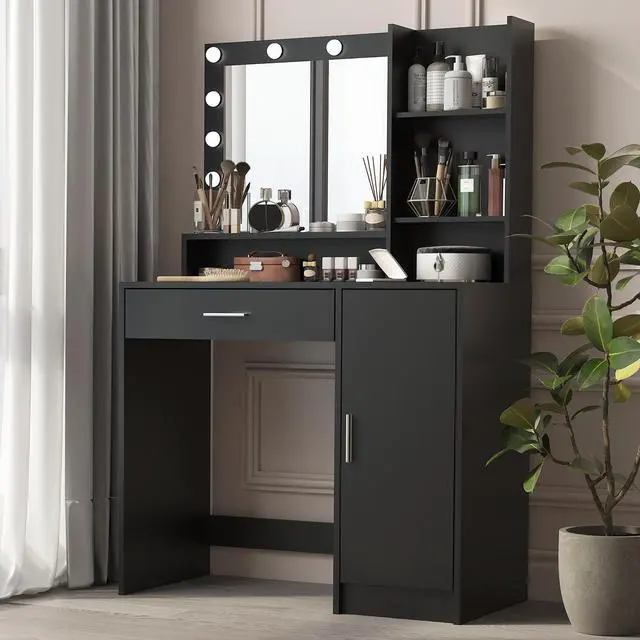 Alt view image 5 of 7 - Vanity Desk with Mirror & Light, Large Drawer Three Level Storage Dresser, 3 Lighting Modes Adjustable Brightness, Bedroom Dressing Table(black)