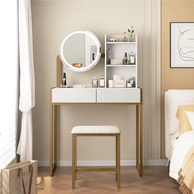 Main image of Small Vanity Desk with Mirror and Lights, Makeup Vanity Table with LED Mirror, 3 Lighting Modes, Power Outlet, Drawer, Open Shelves and Cushioned Stool for Bedroom (White and Gold)