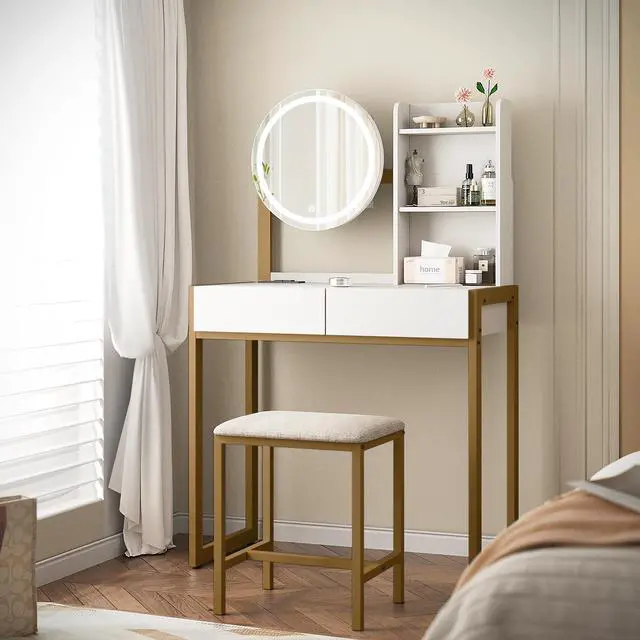 Alt view image 2 of 7 - Small Vanity Desk with Mirror and Lights, Makeup Vanity Table with LED Mirror, 3 Lighting Modes, Power Outlet, Drawer, Open Shelves and Cushioned Stool for Bedroom (White and Gold)