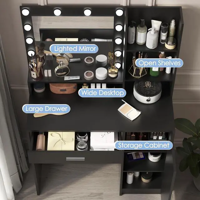 Alt view image 7 of 7 - Vanity Desk with Mirror & Light, Large Drawer Three Level Storage Dresser, 3 Lighting Modes Adjustable Brightness, Bedroom Dressing Table(black)